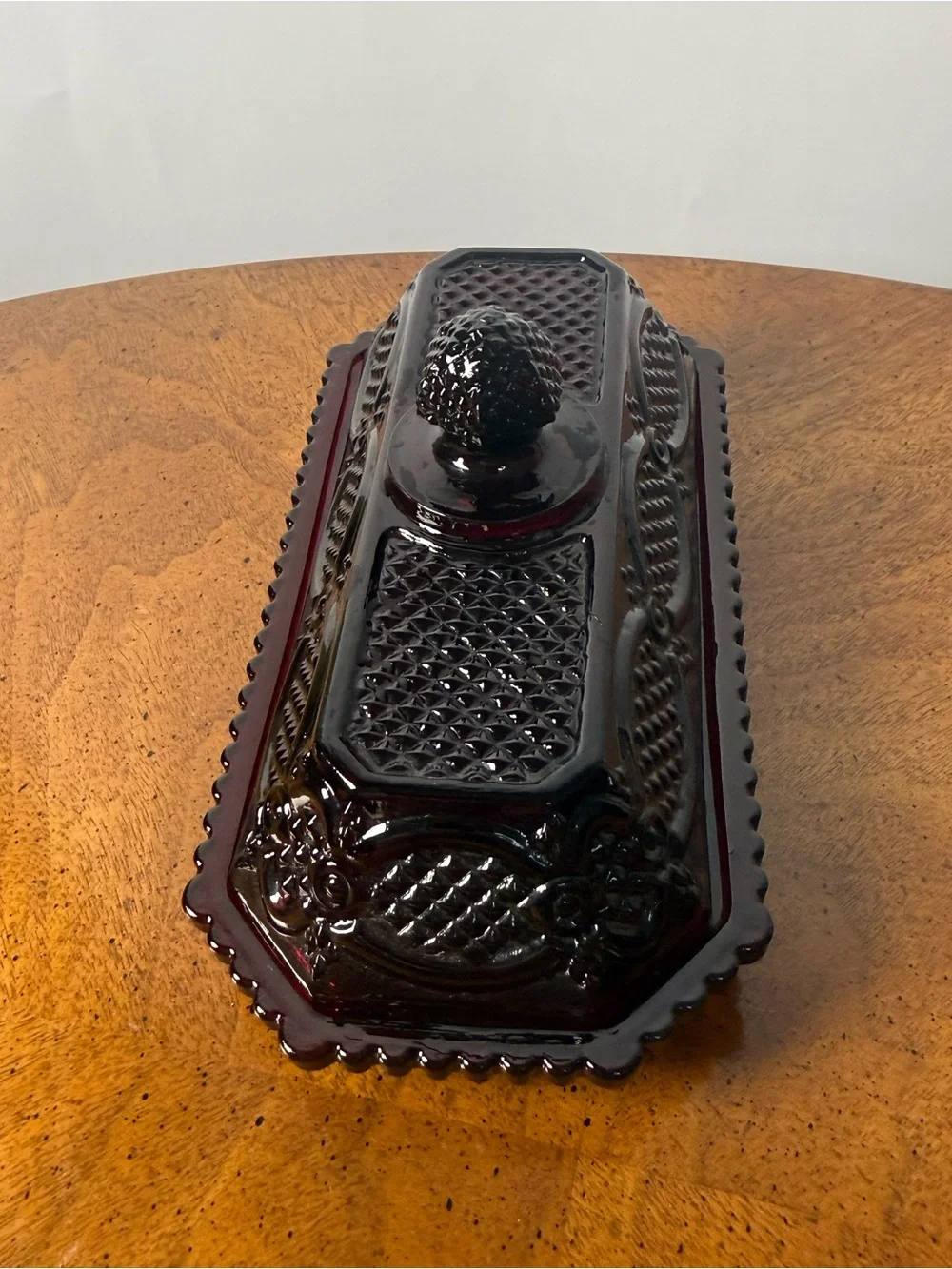 Vintage AVON Cape Cod Deep Ruby Glass Butter Dish with Acorn Finial